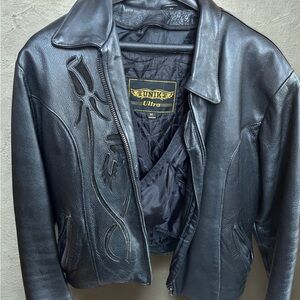 Unik Ultra Women’s Black‎ Leather Jacket with Rose Embellishment